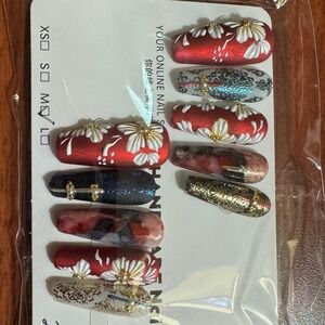 Press On Nails‎ Red Floral Gold Accent Handmade False Nail Art Designs